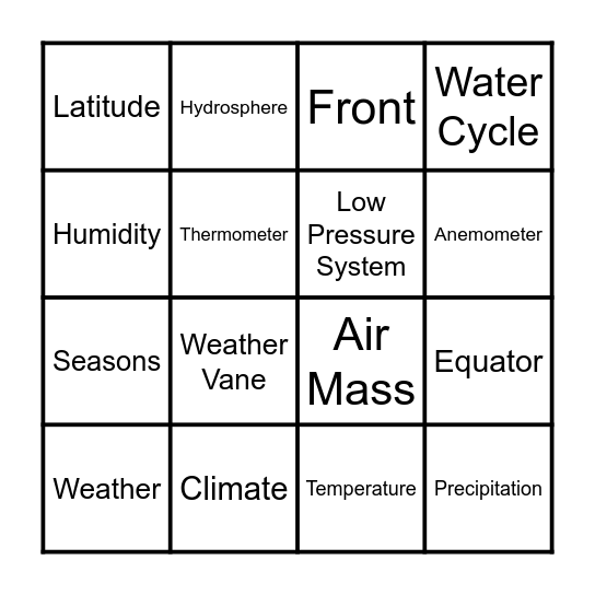 Weather Bingo Card
