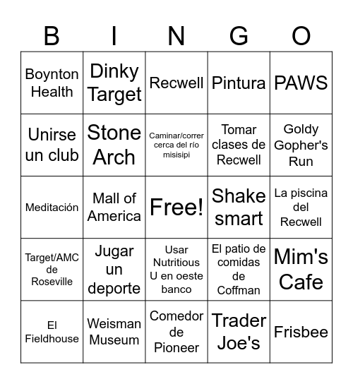 Actividades o Lugares de Una Vida Saludable Bingo Card