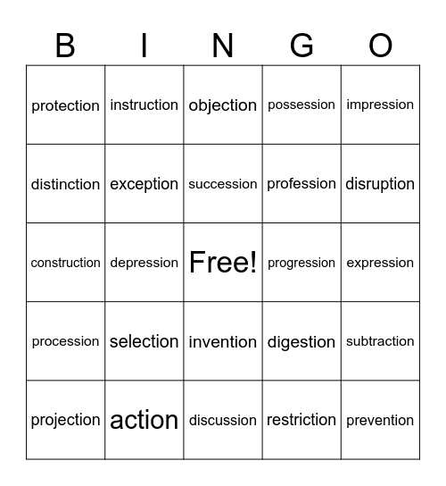 Step 7.4 suffix -ion Bingo Card
