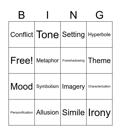 Literary Devices Bingo Card