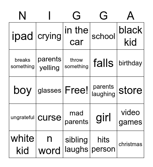 Kid Crashouts Bingo Card