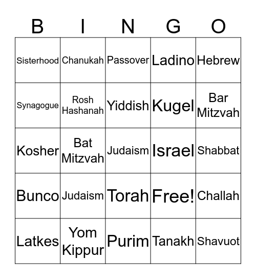 JEWISH  Bingo Card