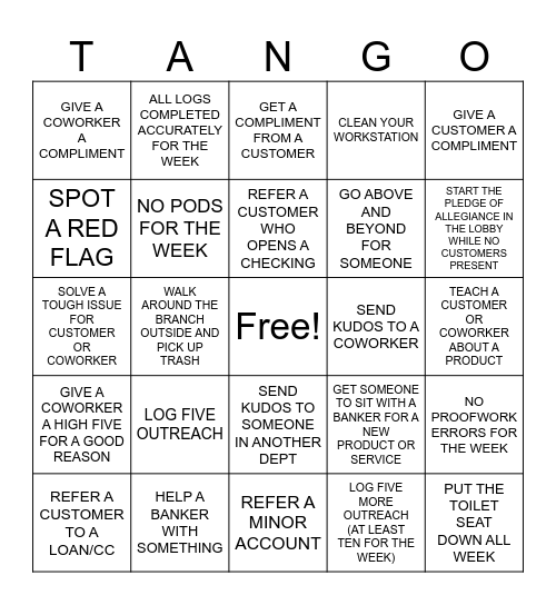 TELLER TANGO Bingo Card