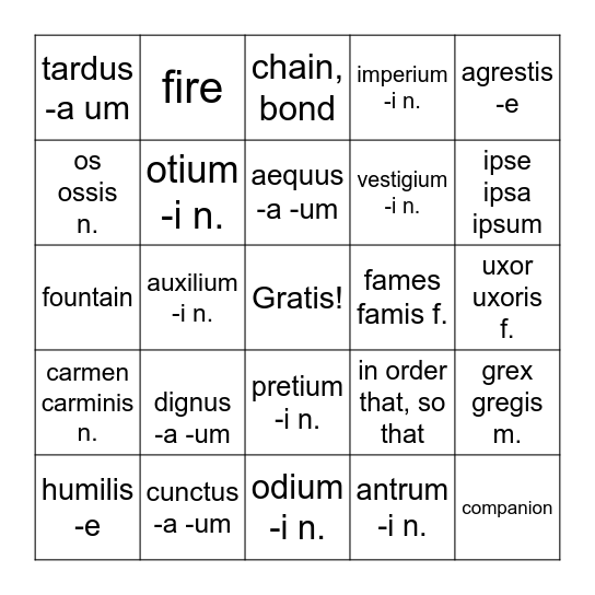 Latin Bingo Card