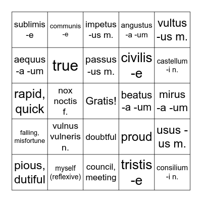 Latin Bingo Card