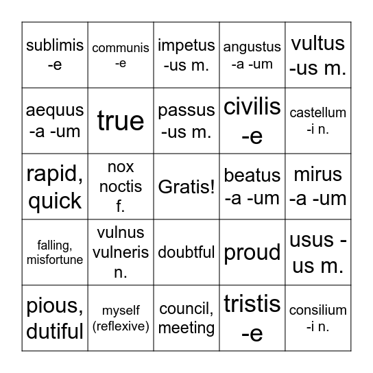 Latin Bingo Card