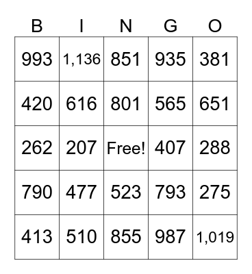 Three-Digit Addition Bingo Card