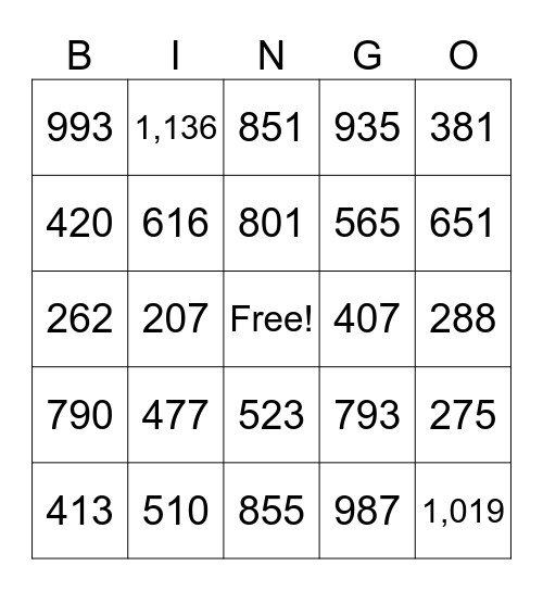 Three-Digit Addition Bingo Card