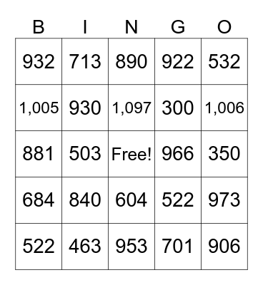 3-Digit Addition Bingo Card