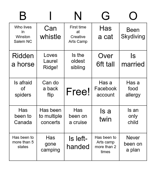 Get To Know Each Other! Bingo Card