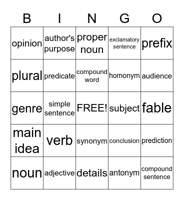 Language Arts Bingo Card