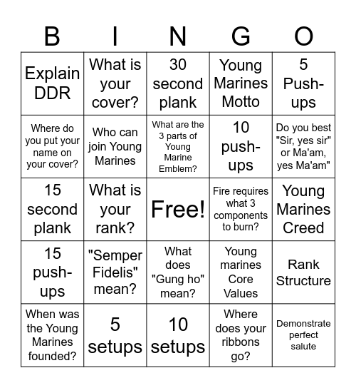 Young Marines Bingo Card