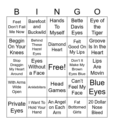 Songs With Body Parts in the Name Bingo Card