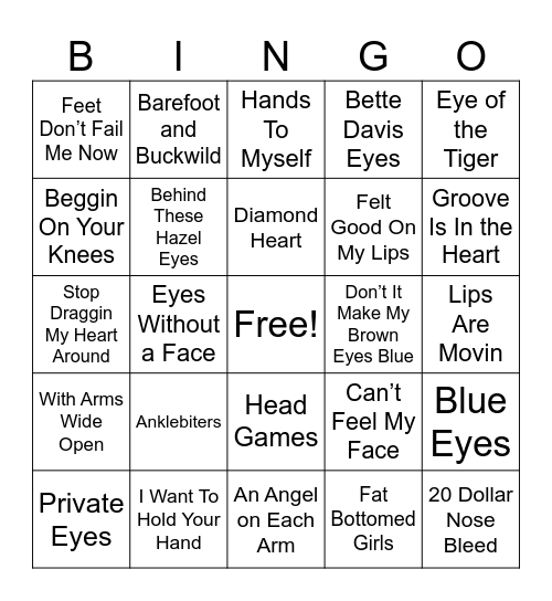 Songs With Body Parts in the Name Bingo Card