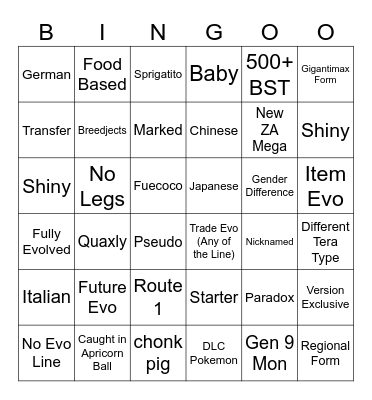 Scarlet / Violet Bingo Card