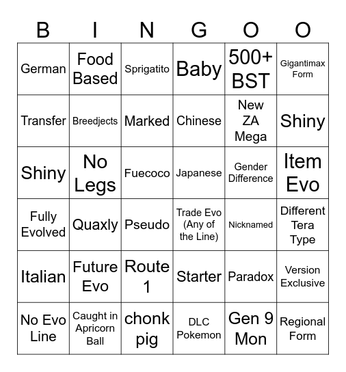 Scarlet / Violet Bingo Card