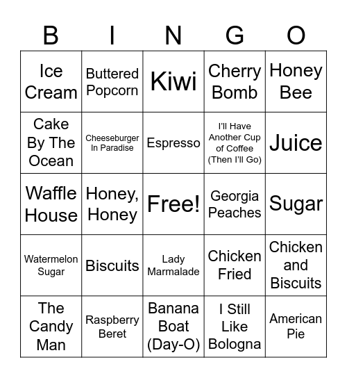 Songs With Food or Drinks in the Name Bingo Card