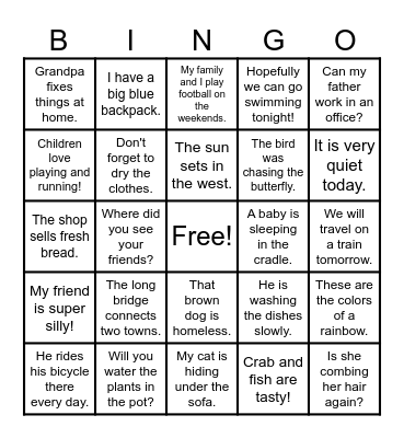 Sentence Bingo Card