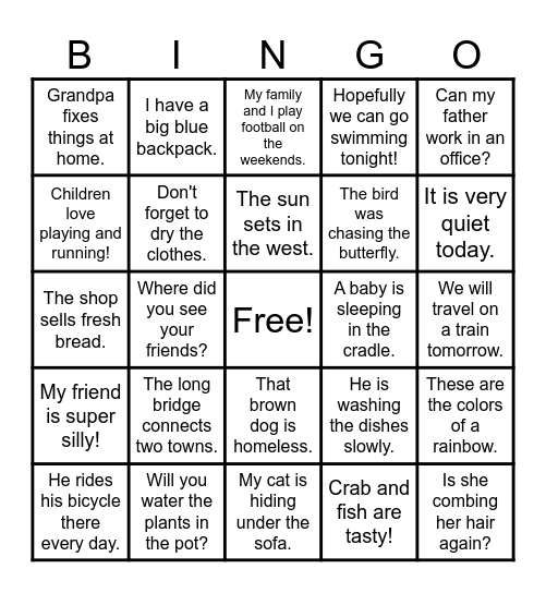 Sentence Bingo Card