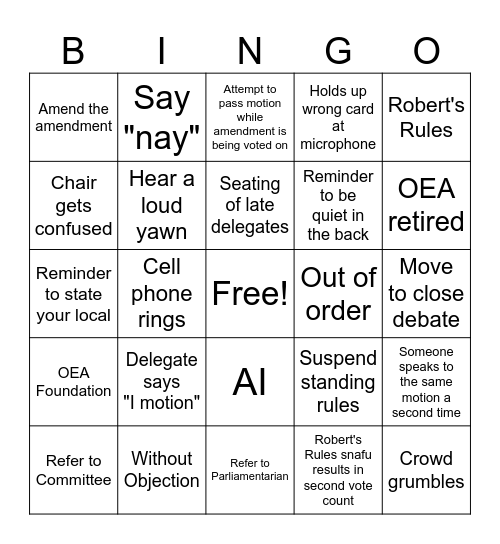 OEA Representative Assembly 2026 Bingo Card