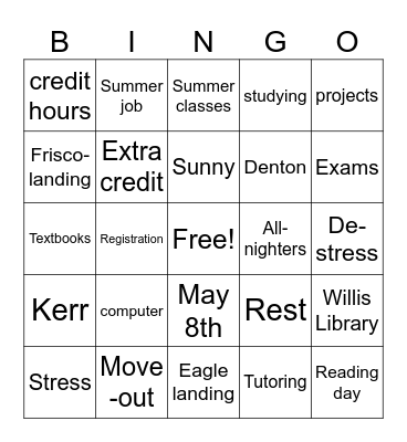 End of Semester Bingo Card
