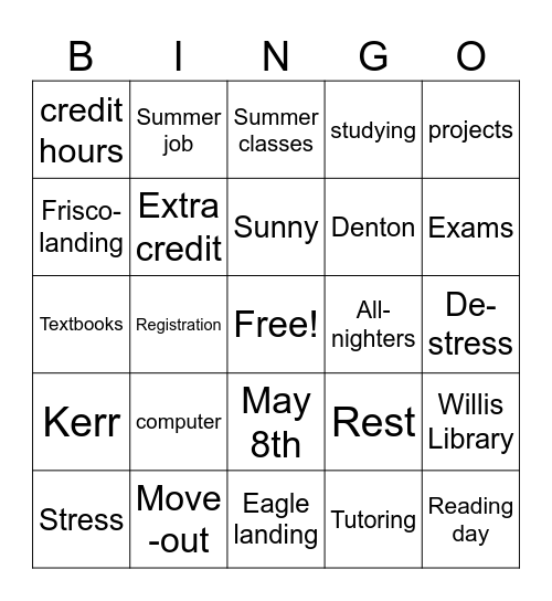 End of Semester Bingo Card