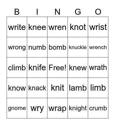 Silent letters Bingo Card