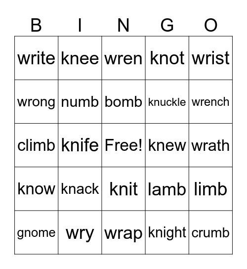 Silent letters Bingo Card