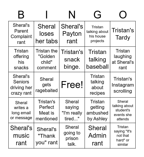 Tristan & Sheral Bingo Card