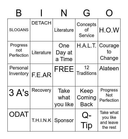 Day In Alateen Bingo Card