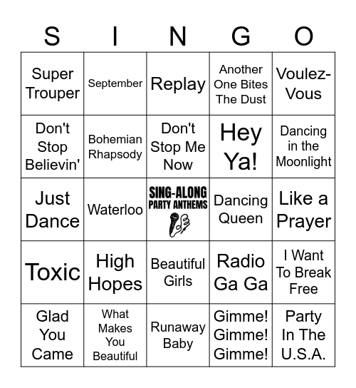 Sing-Along Party Anthems singo - 50 songs Bingo Card