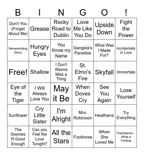 Songs Made for Movies Bingo Card