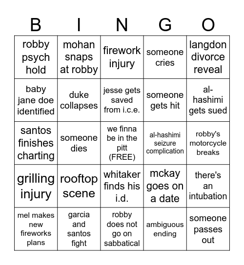 the pitt finale bingo Card