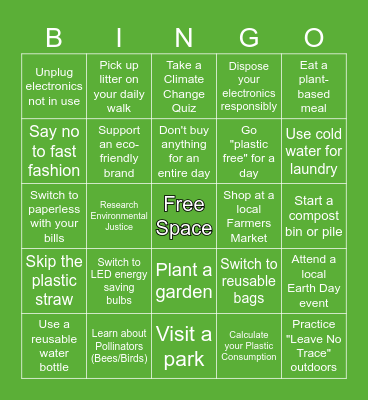 EARTH DAY BINGO CHALLENGE Bingo Card