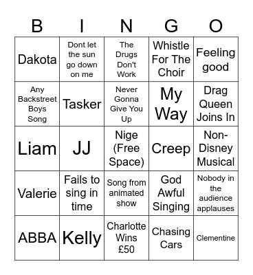 Yard Karaoke Bingo Card