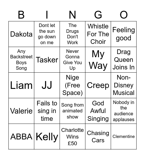 Yard Karaoke Bingo Card