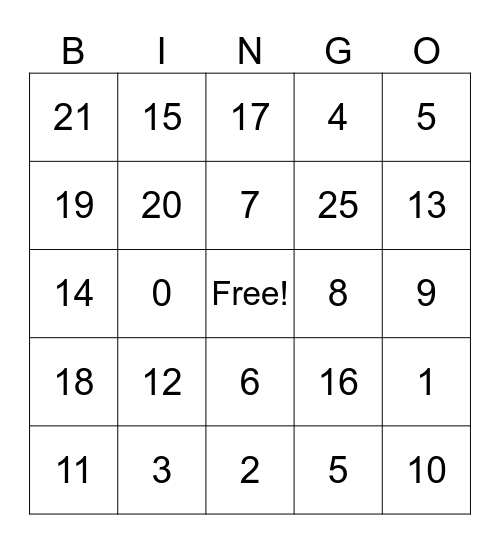 addition/subtraction Bingo Card