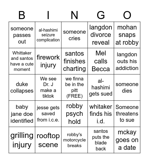 the pitt finale bingo Card