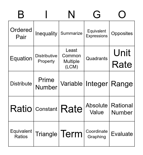 Math Vocabulary Bingo Card