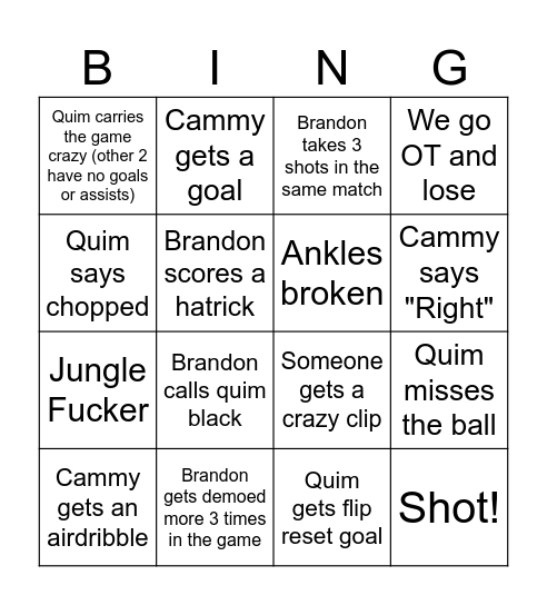 Rocket League Bingo Card