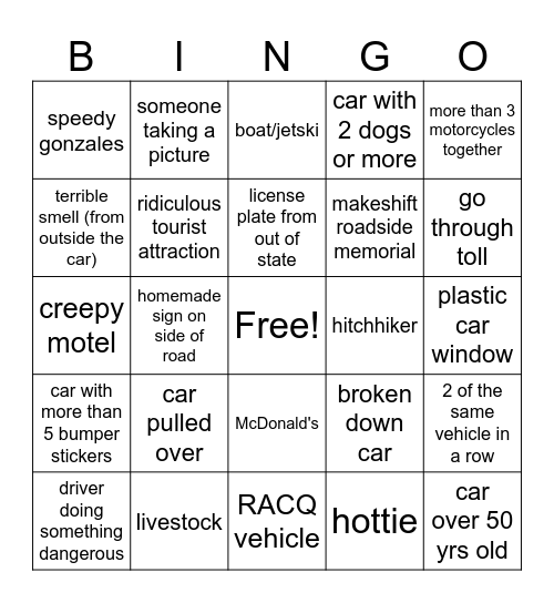 Louise's Bday Road Trip Bingo Card
