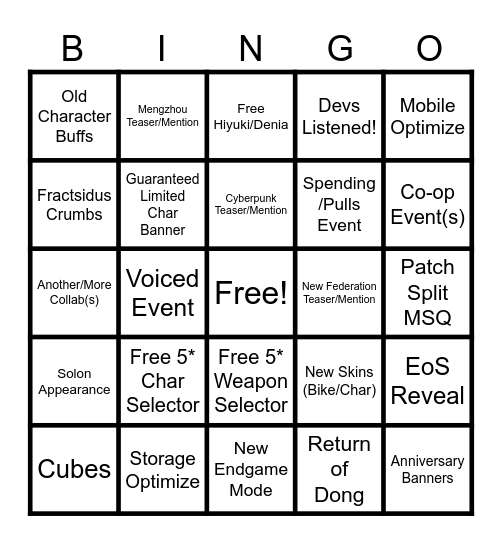 Wuwa 2nd Anniversary Livestream Bingo Card