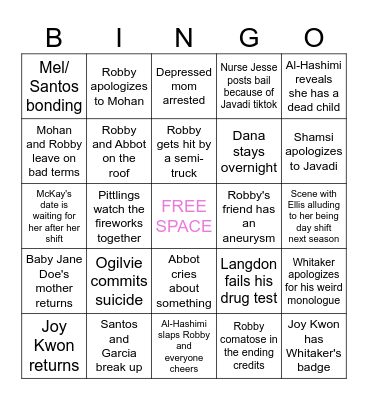The Pitt Season 2 Finale Bingo Card