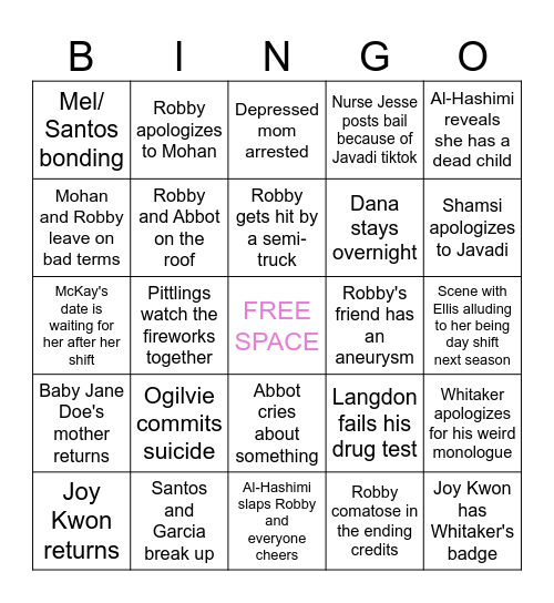 The Pitt Season 2 Finale Bingo Card