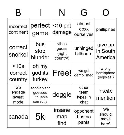 geoguessr Bingo Card