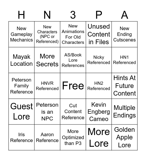Hello Neighbor 3 Pre-Alpha Bingo Card