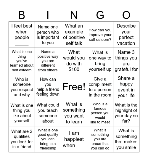 Self Esteem Bingo Card