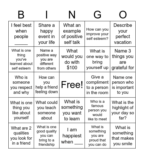 Self Esteem Bingo Card