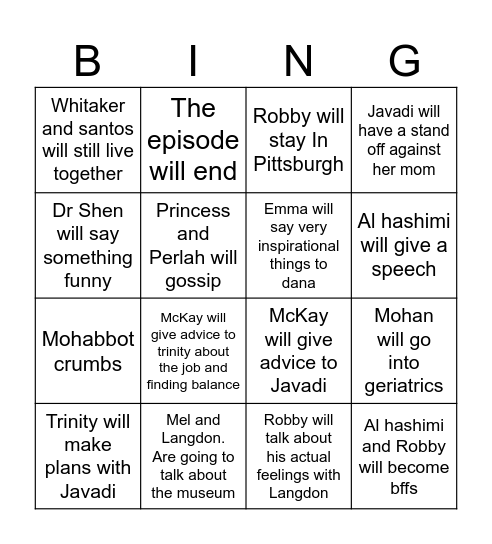 Pitt 9:00pm Bingo Card