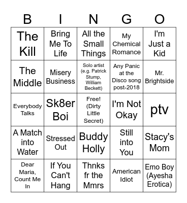 Emo Night at Dirty Little Secret Bingo Card